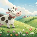 Illustration of a dairy cow in a green pasture, representing the Korean learning topic of dairy farm...