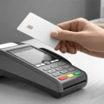 Illustration of a hand using a generic card at a payment terminal in a modern Korean store setting,...