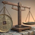 Illustration of an unbalanced traditional Korean scale symbolizing financial obligation or debt coll...