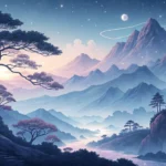 Stylized Korean ink wash painting of a mystical landscape with glowing symbols near a stone, represe...