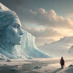 Illustration depicting a massive, sentient-looking glacier facing a small climber, with melting ice...