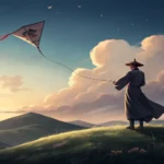 Illustration of a traditional Korean kite flying against a dramatic storm cloud with lightning, symb...