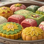 A close-up of a colorful platter featuring various Korean traditional desserts like tteok and hangwa...