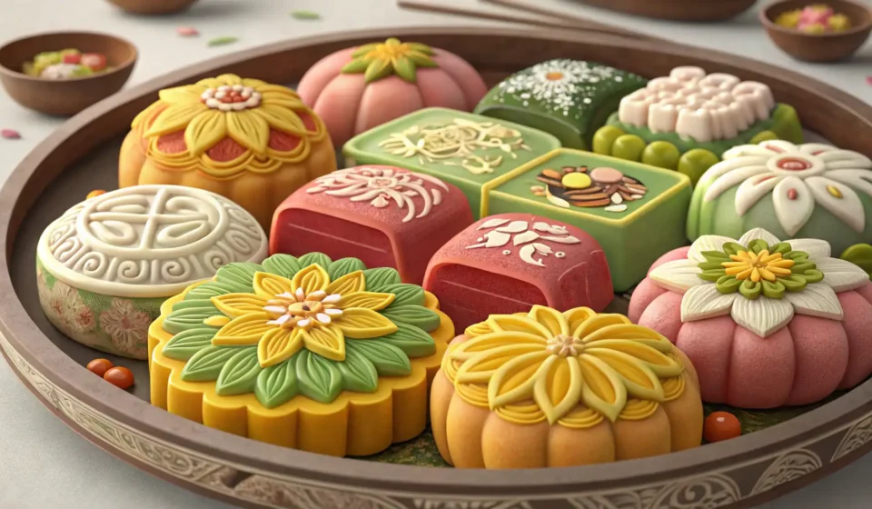 A close-up of a colorful platter featuring various Korean traditional desserts like tteok and hangwa...
