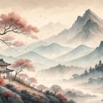 Stylized Korean ink wash background fused with glowing digital circuit lines, representing the blend...