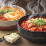 Two steaming bowls of Korean food, kimchi jjigae and japchae, side-by-side on a table, symbolizing a...