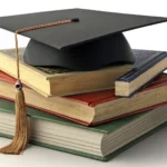 A doctoral graduation cap and books placed before a traditional Korean university building, represen...