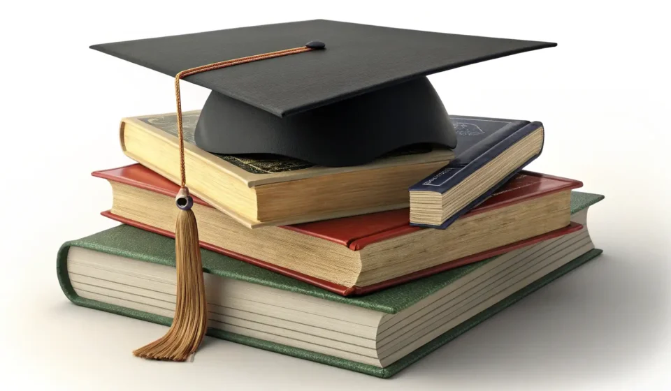 A doctoral graduation cap and books placed before a traditional Korean university building, represen...