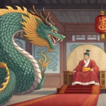 Stylized dragon diplomat negotiating with a Korean king in a palace setting, symbolizing a Korean la...