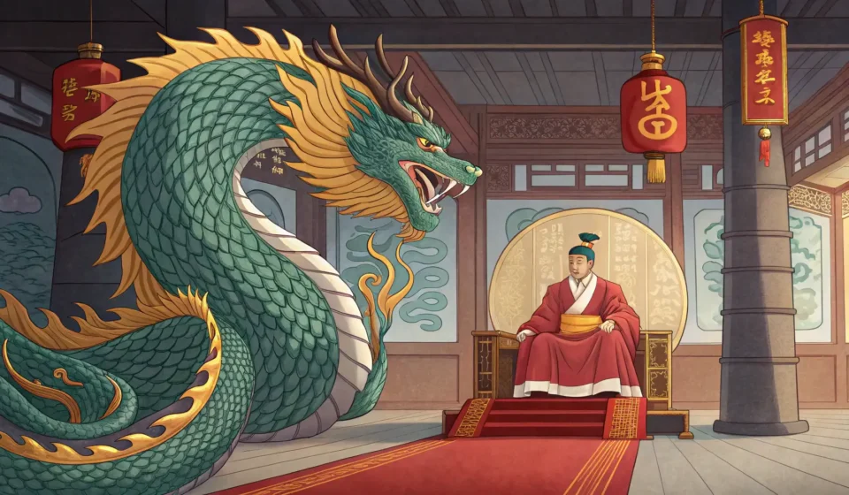 Stylized dragon diplomat negotiating with a Korean king in a palace setting, symbolizing a Korean la...