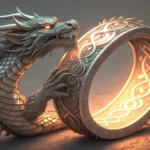 Stylized Korean dragon scales forming a glowing ring next to a dramatic lightning bolt, symbolizing...