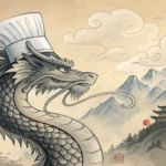 Stylized Korean ink wash illustration of a dragon in a chef hat and a phoenix facing each other over...