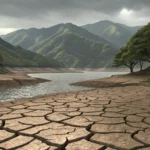 A Korean reservoir with low water levels and cracked earth under a sunny sky, illustrating the conce...