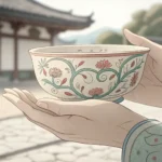 Illustration symbolizing care and difficulty swallowing: gentle hands offering a Korean cup, represe...