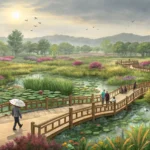 Scenic Korean ecological park featuring a wooden boardwalk winding through lush wetlands and diverse...
