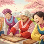 Illustration of smiling Korean seniors enjoying a calligraphy class, representing the concept of eld...