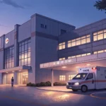 Illustration of a modern Korean hospital building with an ambulance outside, symbolizing emergency m...