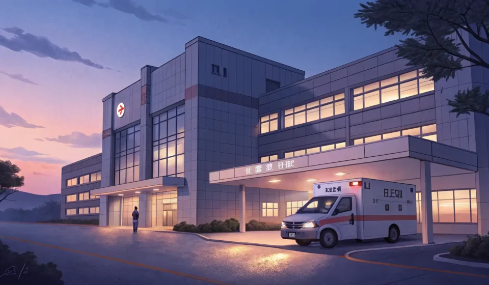 Illustration of a modern Korean hospital building with an ambulance outside, symbolizing emergency m...