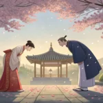 Illustration showing two people bowing politely to each other, representing Korean etiquette and res...