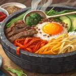 Close-up of a Korean bibimbap dish in a stone bowl, featuring extra chopped garlic, illustrating a s...