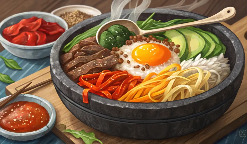 Close-up of a Korean bibimbap dish in a stone bowl, featuring extra chopped garlic, illustrating a s...