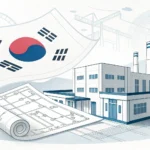 Stylized graphic showing blueprints for a modern Korean factory, symbolizing facility funds (시설자금) a...