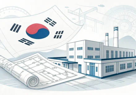 Stylized graphic showing blueprints for a modern Korean factory, symbolizing facility funds (시설자금) a...