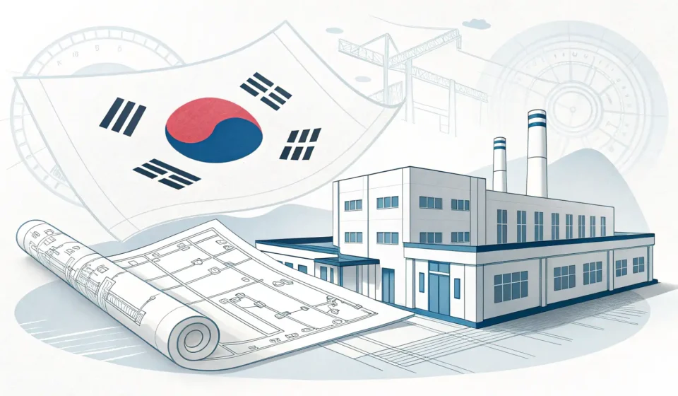 Stylized graphic showing blueprints for a modern Korean factory, symbolizing facility funds (시설자금) a...
