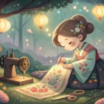 Whimsical illustration of a fairy tailor discussing ethereal mist-thread with a cloud weaver figure...