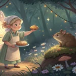 Illustration of a fairy baker asking a wind spirit for help cooling magical pies near a window, repr...