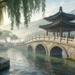 Stylized illustration of a Korean river, bridge, and guard silhouette with glowing fish, representin...