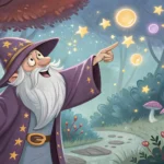 Illustration of an elderly wizard debating with a sentient, ornate bookshelf in a magical study, sym...