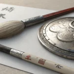 A Korean ink brush lies next to combined steel shield and dragon scale materials, symbolizing learni...