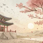 Whimsical illustration for a Korean language lesson on fantasy descriptions, featuring glowing parti...