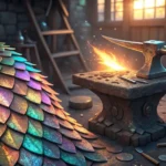 Shimmering dragon scales next to a glowing anvil and hammer in a traditional Korean forge, represent...