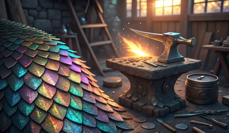 Shimmering dragon scales next to a glowing anvil and hammer in a traditional Korean forge, represent...