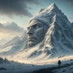 Fantasy illustration of a massive, sentient-looking snowy mountain peak with subtle Korean patterns,...