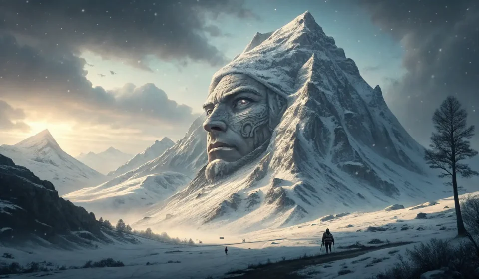 Fantasy illustration of a massive, sentient-looking snowy mountain peak with subtle Korean patterns,...