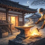 A Korean blacksmith's forge with glowing dragon claws on an anvil, symbolizing learning Korean fanta...