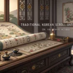 A Korean scroll, glowing gems, and a goblet symbolizing a fantasy trade negotiation, representing Ko...