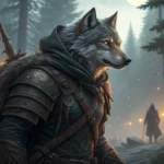 Stylized illustration of a werewolf ranger in a moonlit forest gesturing towards a moonbeam illumina...