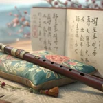 A traditional Korean daegeum flute before a misty, moonlit window, symbolizing learning Korean expre...