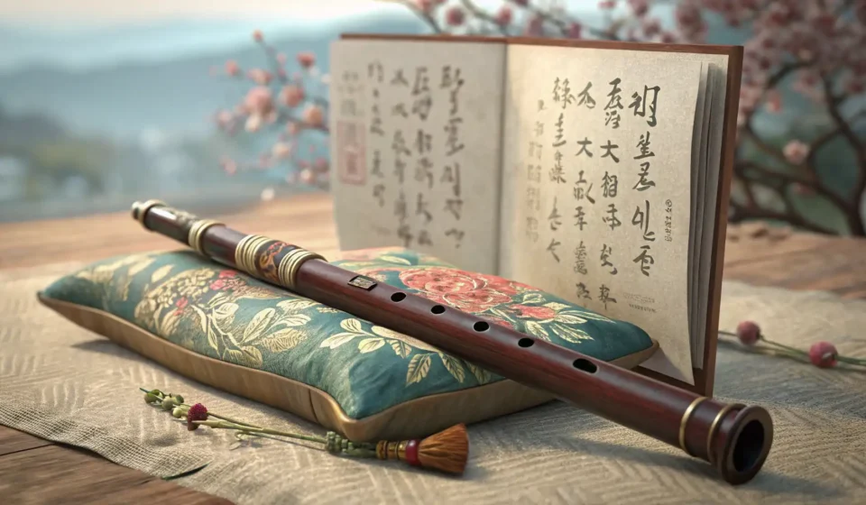 A traditional Korean daegeum flute before a misty, moonlit window, symbolizing learning Korean expre...
