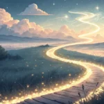 Symbolic image for learning Korean fantasy phrases, showing a glowing brushstroke path under a moon...