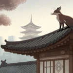 Stylized illustration of a fox silhouette on a Korean Hanok roof at night, with glowing potion bottl...