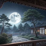 A traditional Korean scholar's desk with scrolls viewed through a window looking out onto a full moo...