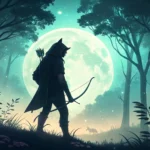 Stylized illustration of a werewolf ranger figure under a moonbeam in a Korean forest, representing...