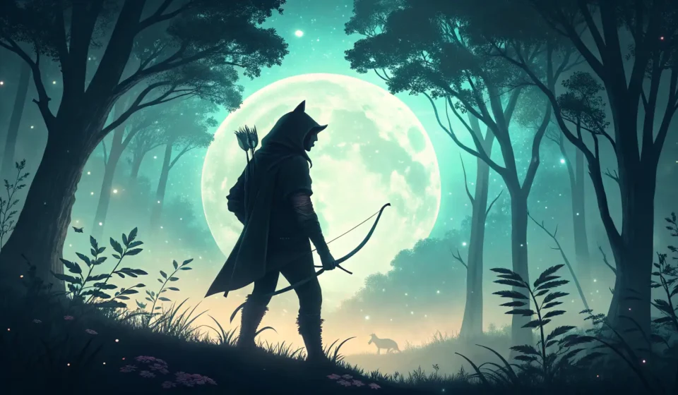 Stylized illustration of a werewolf ranger figure under a moonbeam in a Korean forest, representing...