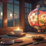 A traditional Korean lantern illuminates a closed, antique scroll with singed edges, evoking a sense...