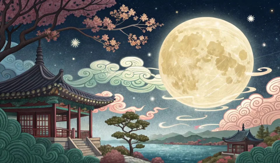 Stylized Korean moon and scroll representing a Korean language lesson on translating complex fantasy...